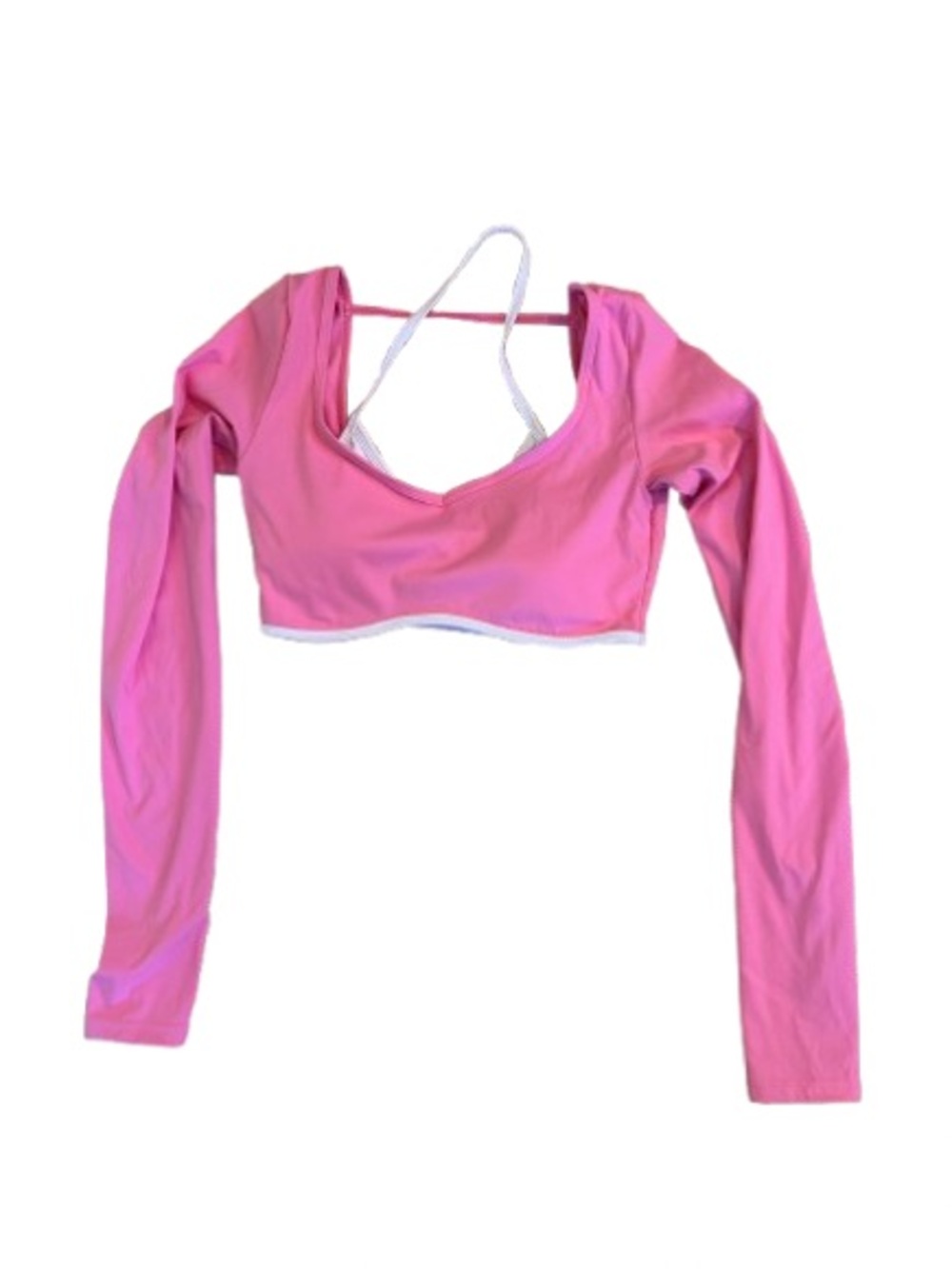 Pink Long-Sleeve Strappy-Back Crop Top White Halter Bra Removable Pads  Small